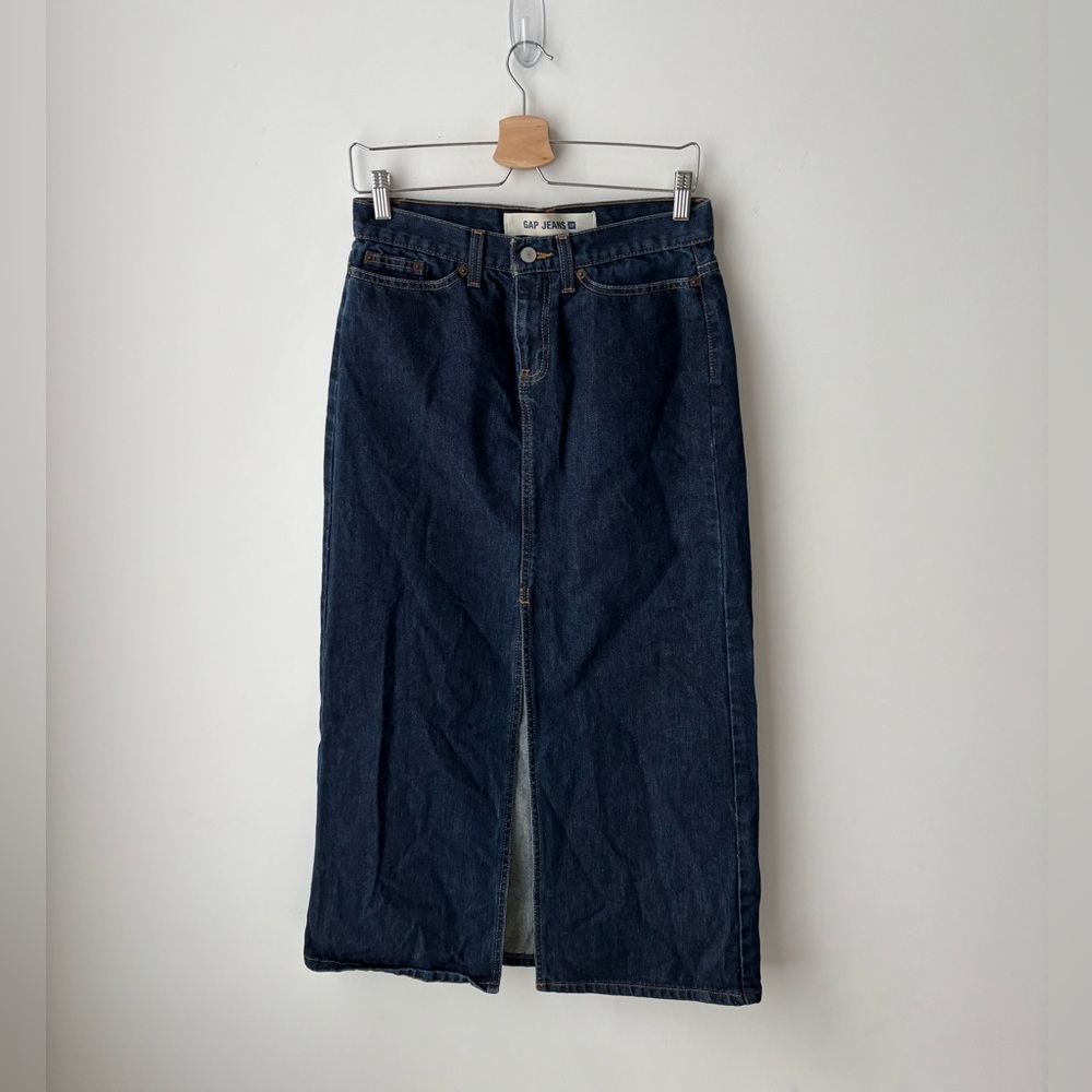 Vintage Gap Denim Midi Skirt Front Slit Dark Wash Y2K Size 6